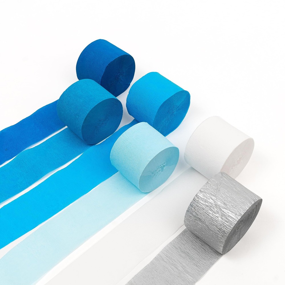 6 Rolls 1.8 Inch x 82 FT Blue Silver White Crepe Paper Streamers Party Decor