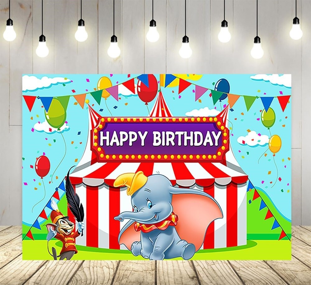 Dumbo Circus Happy Birthday Backdrop Banner Photo Background Party Decor