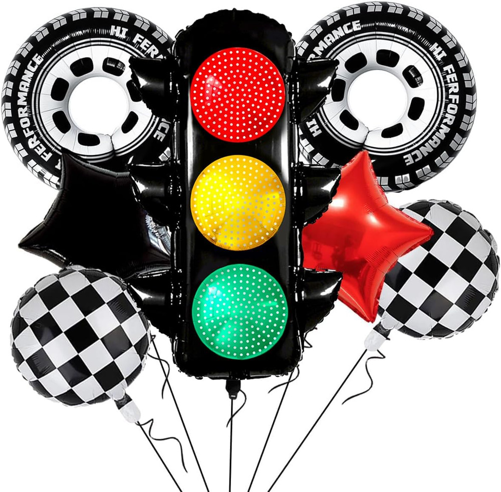 7Pcs Race Car Party Balloon Set, Traffic Light, Checkered Balloons, Tire Balloon