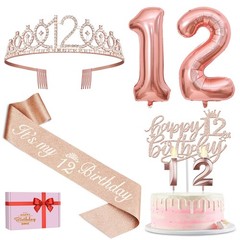 12th Birthday Decorations for Girls Rose Gold Set Sash Tiara Balloons Cake Toppe