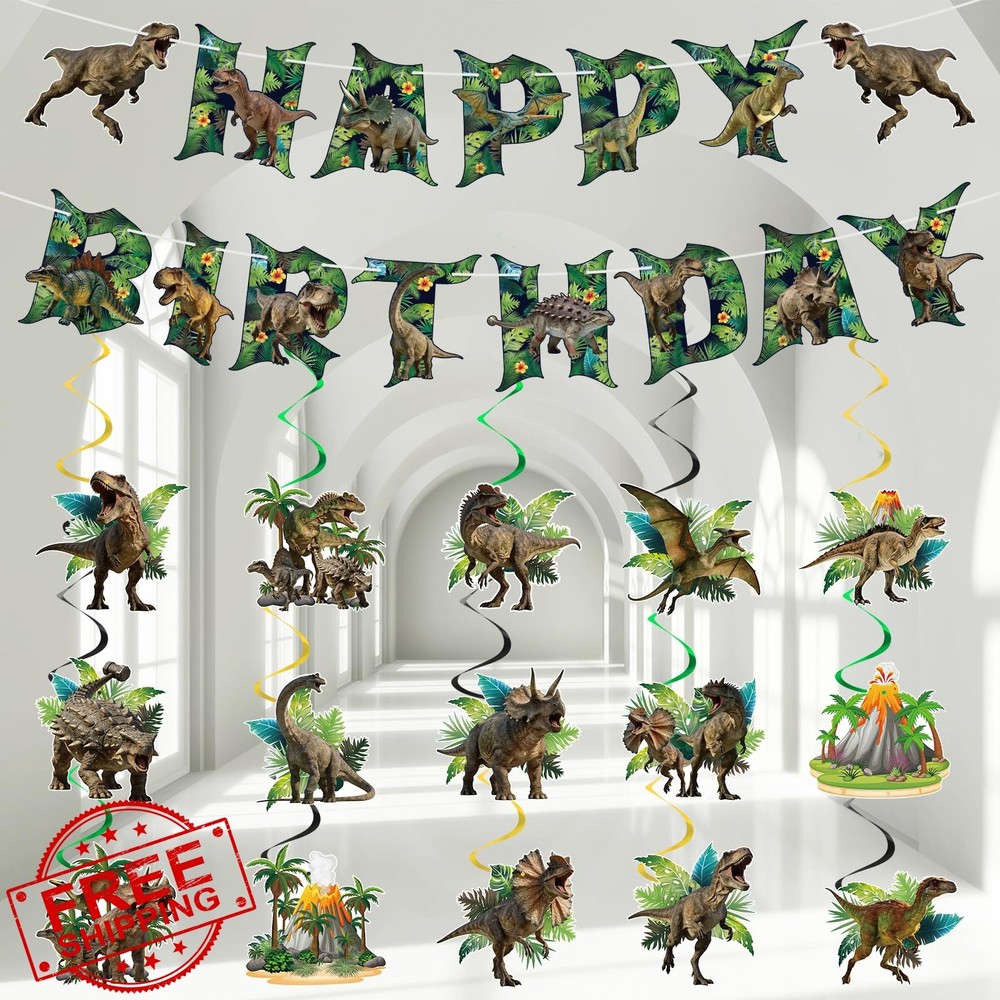 Adecortalk Dinosaur Birthday Banner Swirls