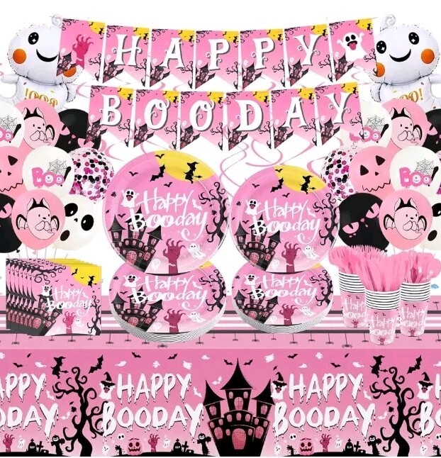 200+ Piece Pink Happy Booday Spooky Pink Halloween Girl Brithday Party Kit