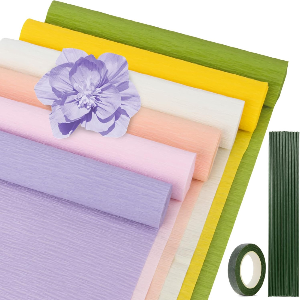 27 PCS Crepe Paper Flower Kit – 6 PCS Colored Crepe Paper Roll Premium Pastel St