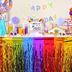Rainbow Party Decorations, 4 Pack Foil Fringe Table Skirts | Wavy Metallic
