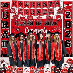 Graduation Decorations Class of 2026 – Red Graduation Party Supplies with Con…