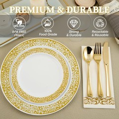FOCUSLINE 175 Ct Gold Dinnerware Set for 25 Guests, Plastic Plates with Gold …