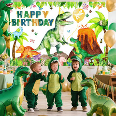 Dinosaur Birthday Backdrop Banner Roar Dino Happy Birthday Jungle Leaves T-Rex D