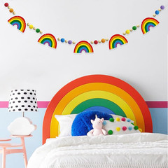 Colorful Pre-Strung Rainbow Banner Felt Wool Ball Wood Beads Garland Multicolor