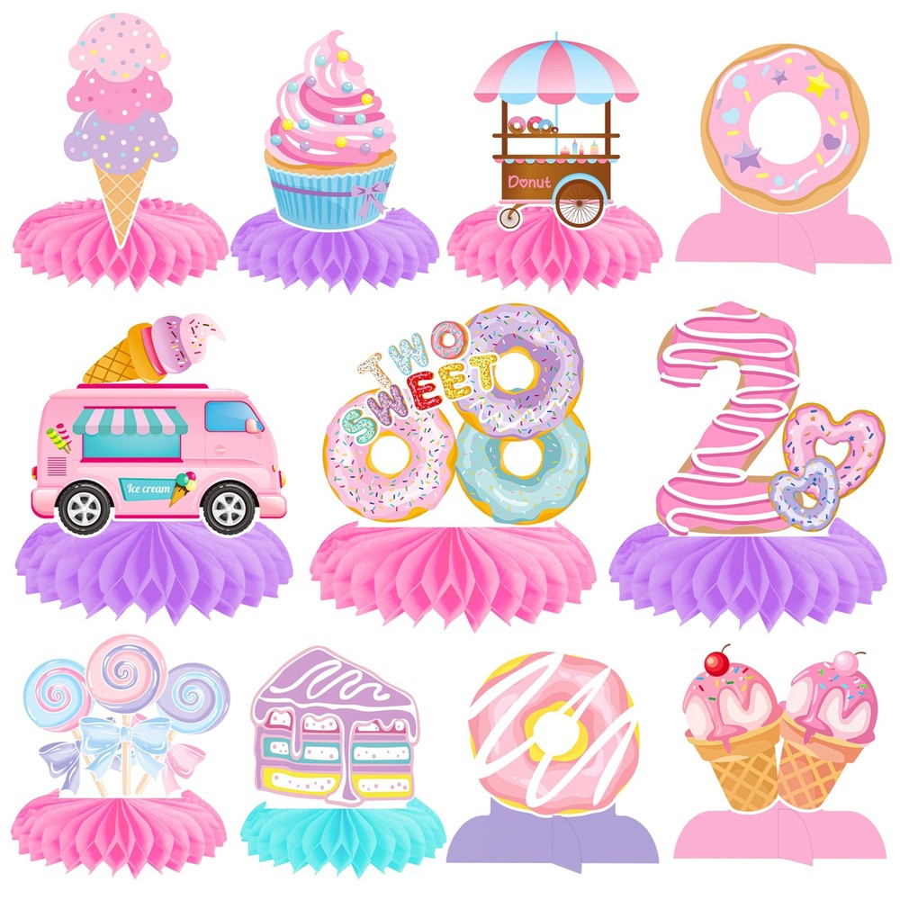 Two Sweet Party Honeycomb Centerpieces 12Pcs Donut 2nd Birthday Party Decorat…
