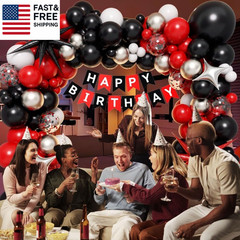 Red and Black Birthday Party Decorations, Red Black White Metallic Silver Foil B