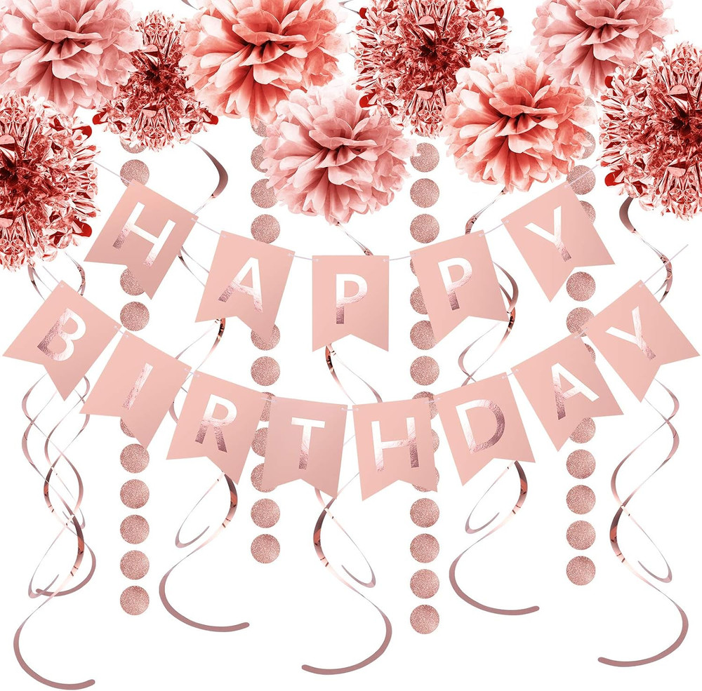 Rose Gold Party Decorations Set – Rose Gold Glittery Happy Birthday Banner, Foil