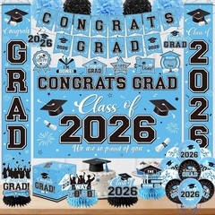 Graduation Decorations 2026 Light Blue Party Decor Set with Congrats Grad Banner