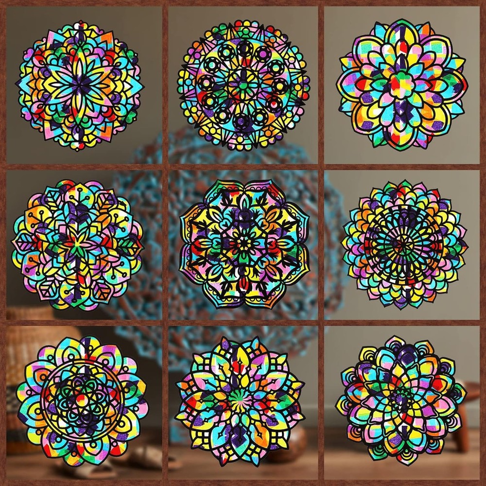 18 Pack Colorful Mandala Window Clings DIY Kit Stained Glass Kits