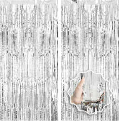 2 Pack Foil Curtain Backdrop Curtains Silver Tinsel Door Streamers Birthday Part