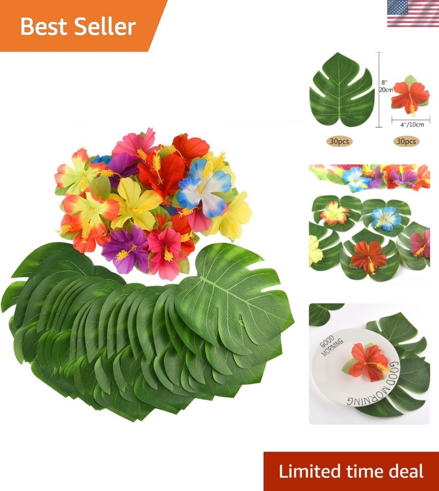 Authentic 60 Pcs Tropical Hibiscus & Palm Leaves for Summer Celebrations