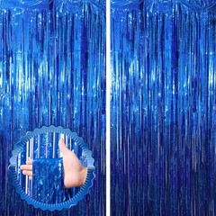 2 Pack Blue Tinsel Foil Fringe Curtains, Blue Party Decorations, Metallic Tin…