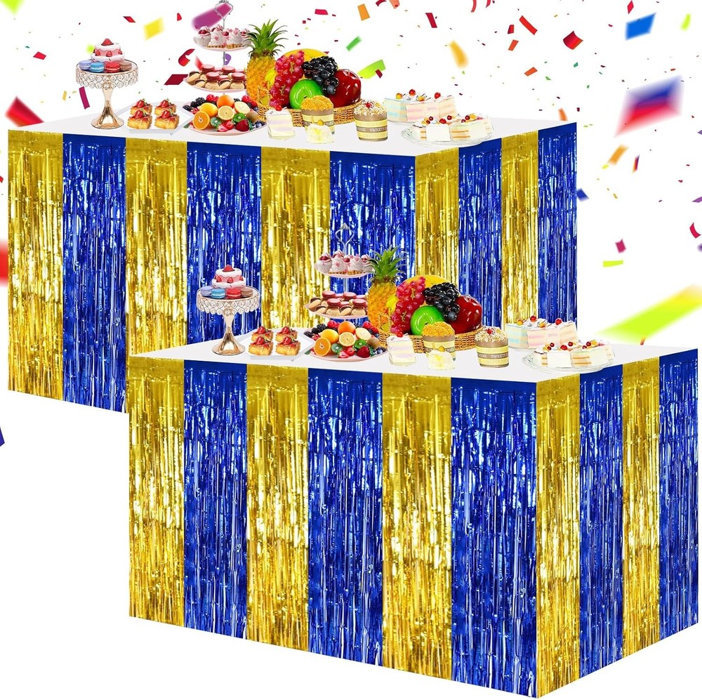 2 Pack Blue Gold Table Skirts Party Decorations Metallic Tinsel Foil Fringe