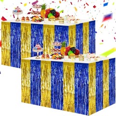 2 Pack Blue Gold Table Skirts Party Decorations Metallic Tinsel Foil Fringe