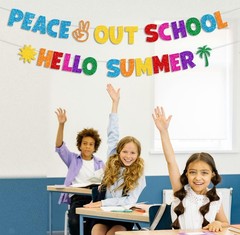 Glittery Peace Out School Hello Summer Banner with Sun Palm Tree Colorful End…