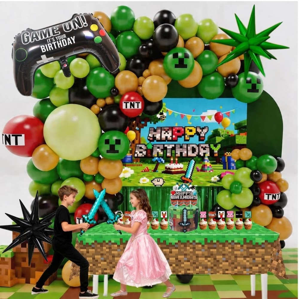 Pixel Game Birthday Party Supplies Kit – 131 Pcs Balloons, Backdrop, Table Cover
