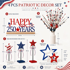 4Pcs 250Th Anniversary Decorations Set, Red White Blue Wood Stars, Metal America