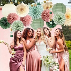 Party Decorations Sage Green Pink Pink Decor Tissue Pom Poms Paper Lanterns