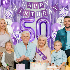 Purple Silver 50Th Birthday Decorations for Women | Banner, Sash and Crown, Cake
