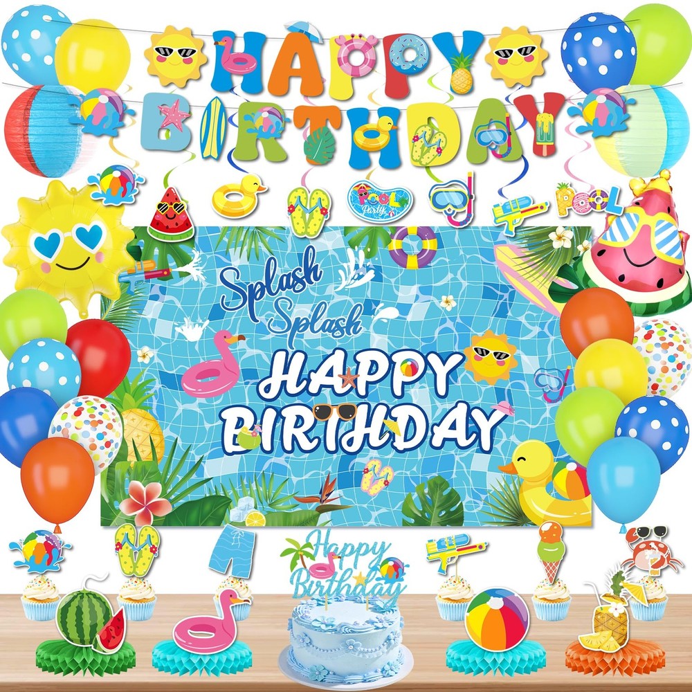 Blue Summer Pool Birthday Party Decoration For Boy Balloons Backdrop Cake Topper