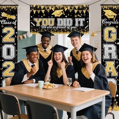 Graduation Decorations Class of 2026 Graduation Banner 3 Pieces Set Black Gold C