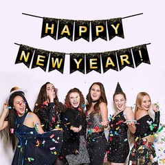 Fecedy Black Gold Happy New Year Banner for 2 Count (Pack of 1), Multicolor
