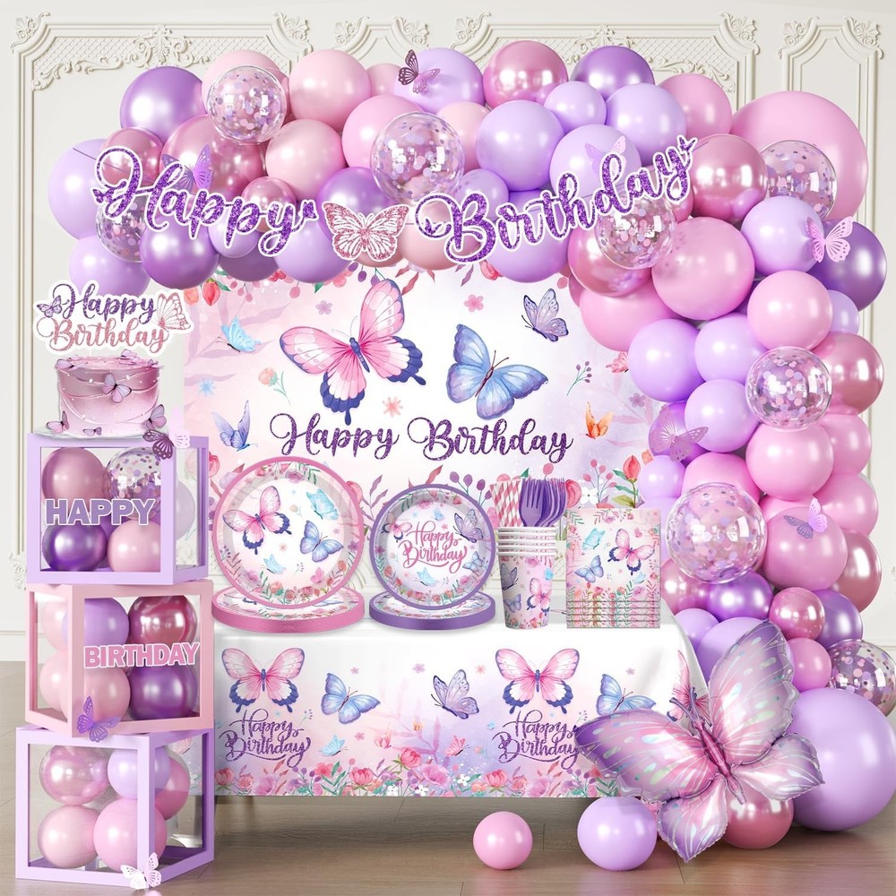 256pcs Butterfly Birthday Decorations,All-in-1 Butterfly Theme Birthday Decor
