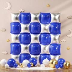 Royal Blue and Silver Checkered Square Foil Balloons Backdrop Wall, Double Si…
