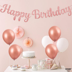 Glitter Rose Gold Cursive Happy Birthday Banner – Pre-Strung 10 Feet | Pink Happ