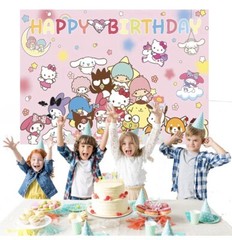 Hello Kitty & Friends Theme Party Decoration, 5×3.5ft Happy Birthday Backdrop