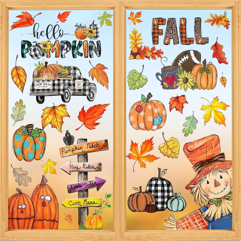 Fall Window Clings Decorations for Glass Watercolor Pumpkin Colorful