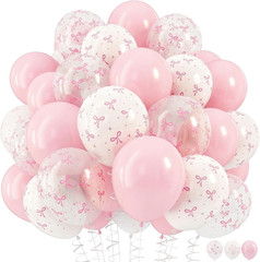 Pink Bow Balloons, 12 Inch Pastel Light Pink Transparent White Bow Print Coquett