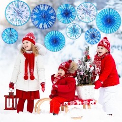 9PCS Winter Snowflake Paper Fans Blue White Hanging Decorations Xmas Party