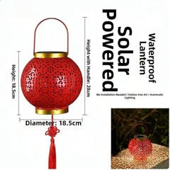 Iron Red Lantern Solar Powered Hanging Light for Outdoor Garden Courtyard Use