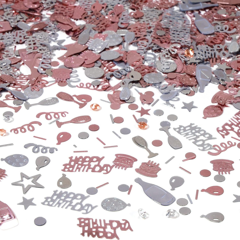 Rose Gold and Silver Happy Birthday Confetti, 3000 Pcs Birthday Cake Table Metal