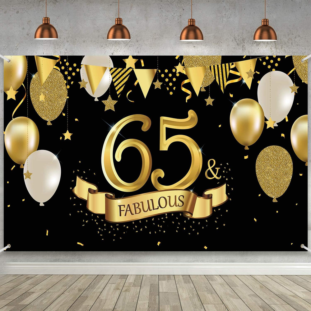 65th Birthday Party Black Gold Backdrop Banner 72x43in Photo Booth Decor