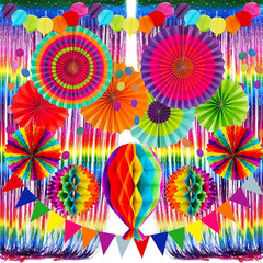 Party Decorations, Colourful Rainbow Foil Fringe Curtain Fiesta Hanging Paper Fa
