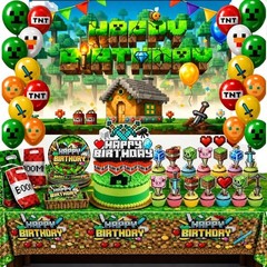 Pixel Birthday Party Decorations Party Supplies Set Including Backdrop Tableware