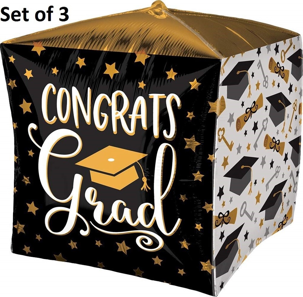 * (Set of 3) * CUBEZ “CONGRATS Grad” foil Graduation Mylar Foil Cube Balloon 15″