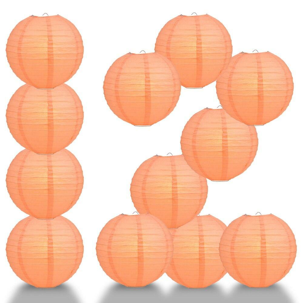 BULK PACK (12) 16″ Peach / Orange Coral Round Paper Lantern, Even Ribbing, Chine