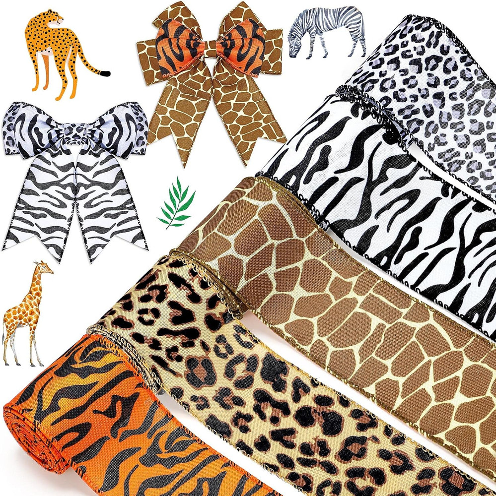 5 Rolls Jungle Animal Wired Ribbons 2.5 Inch Party Decorations Safari Animal Bur