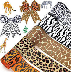 5 Rolls Jungle Animal Wired Ribbons 2.5 Inch Party Decorations Safari Animal Bur