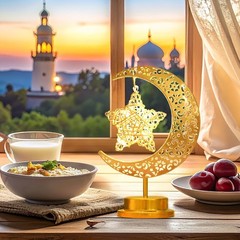 Ornate Crescent Moon Lamp with Star – Warm White LED for Ramadan Blessings