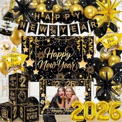 2026 New Year’s Eve Decorations – Black & Gold Balloons, Banner, Photo Props & C