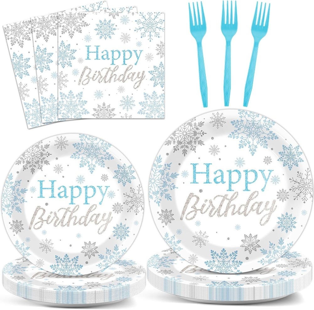 Snowflakes Winter Birthday Disposable Tableware (Plates, Napkins, Forks)