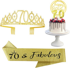 70Th Birthday Decorations for Women, Gold 70Th Birthday Sash and Tiara, Cake